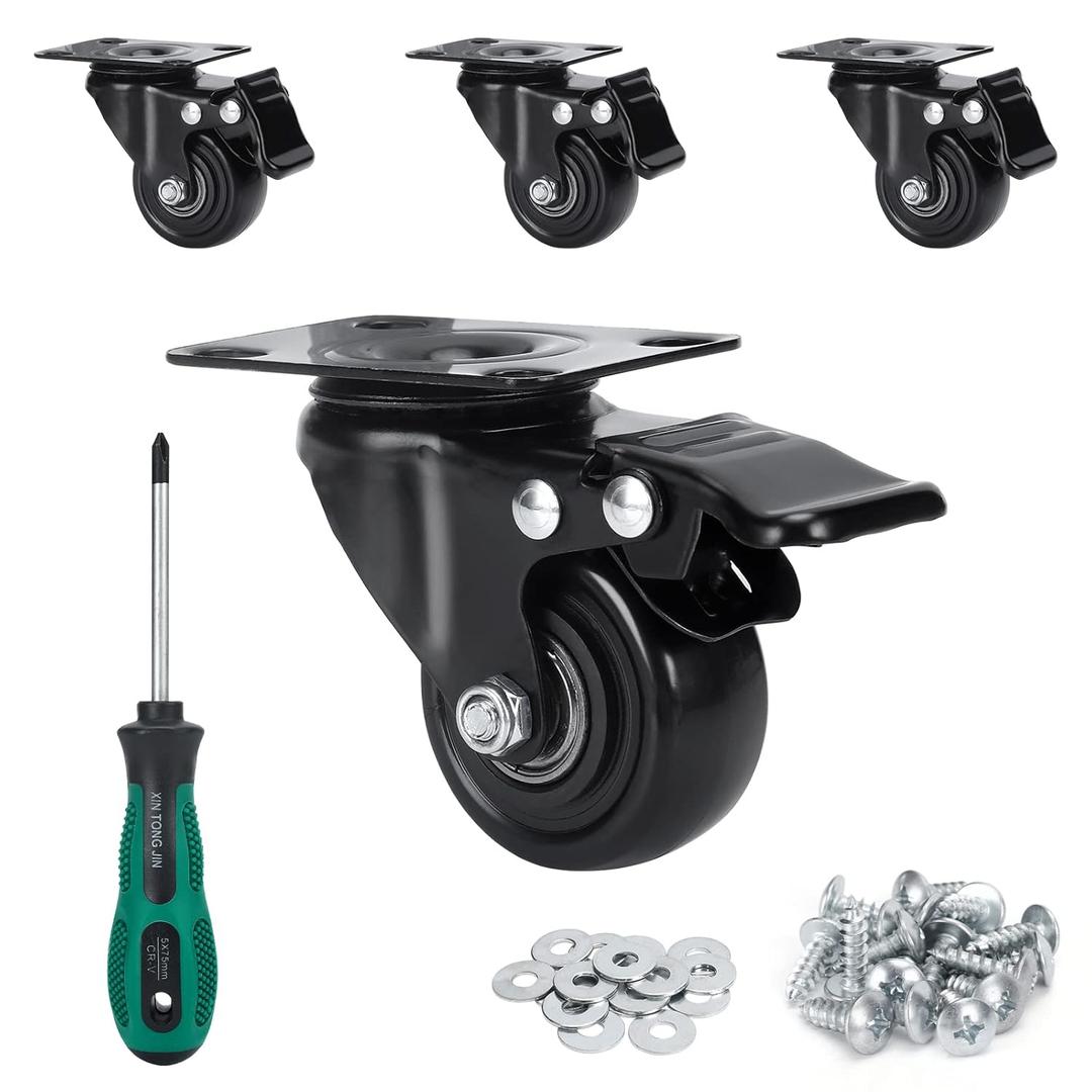 2 inch Caster Wheels, Heavy Duty Casters No Noise No Marking Lockable 360 Degree Swivel Casters for Furniture Cart Cabinet Bench Ottoman (650lbs/4pcs, Screws,Washers & Screwdriver Included)