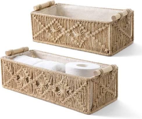 Mkono Macrame Storage Baskets Boho Decor Box Handmade Woven Decorative Countertop Toilet Tank Shelf Cabinet Organizer for Bedroom Livingroom Home, 2 Pack