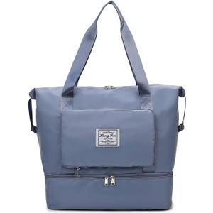 New Foldable Dry/Wet Separation Travel Duffel Bag with Shoe Compartment Large Capacity Folding Weekender Overnight Bag Lightweight Waterproof Gym Tote Bag (F-Blue)