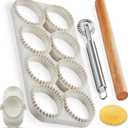 Ravioli Maker Press, Ravioli Press Mold Set - Round Ravioli Stamp Maker Cutter with Wood Rolling Pin, 2.6" Empanada Maker Press Kit and Ravioli Wheel, Makes 8 Ravioli