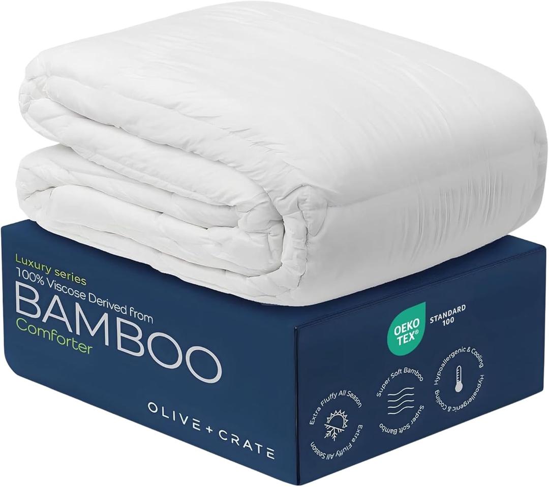 Olive + Crate 100% Viscose Derived from Bamboo - King Size - Hypoallergenic, Cooling & Moisture-Wicking Bedding - All Season Lightweight Plush Design - Organic King Comforter - 102"x90" (White)
