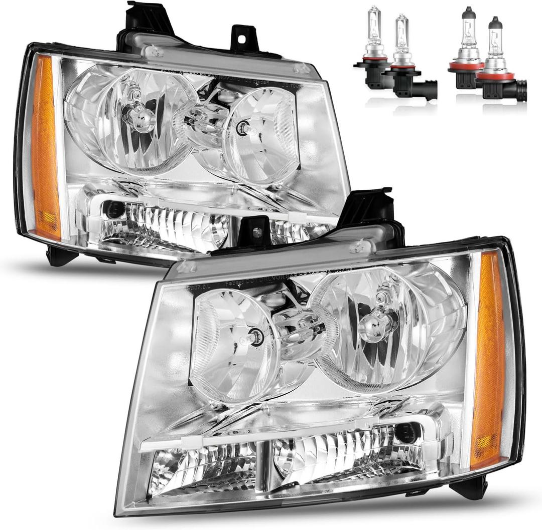 Headlights for 07-14 Chevy Tahoe Suburban 1500/07-13 Suburban 2500 | Halogen Headlamp Replacement W/Bulbs, for 2007-2013 Avalanche 2500, Driver & Passenger Side