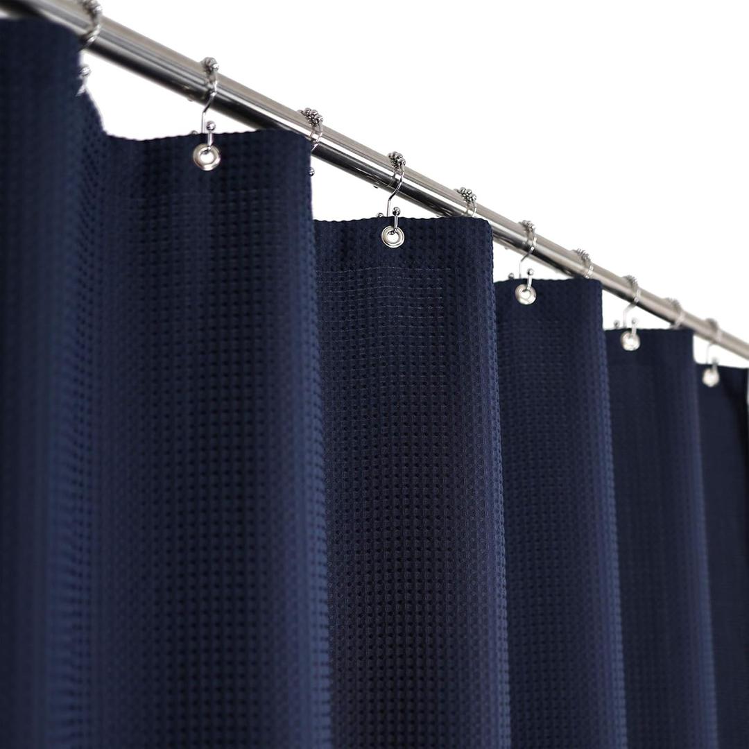 Barossa Design Extra Long Waffle Weave Shower Curtain 71" W x 84" H - Hotel Luxury Spa, 230 GSM Heavy Weighted Fabric, Water Repellent, Navy Blue, 71x84