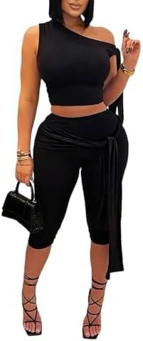 Vssjavun Women's 2 Piece Outfits Sexy Sleeveless One Shoulder Crop Tops Bodycon Capri Pants Sets size L