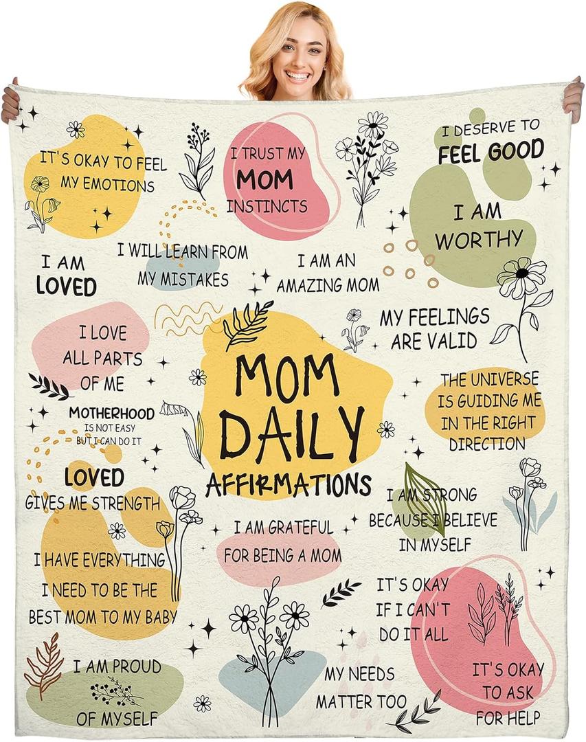 New Mom Gifts Blanket - Mama Daily Affirmations Throw 50x60'', Postpartum Self Care Inspirational Gift for Mommy to Be, Birthday Christmas Blanket for Mom
