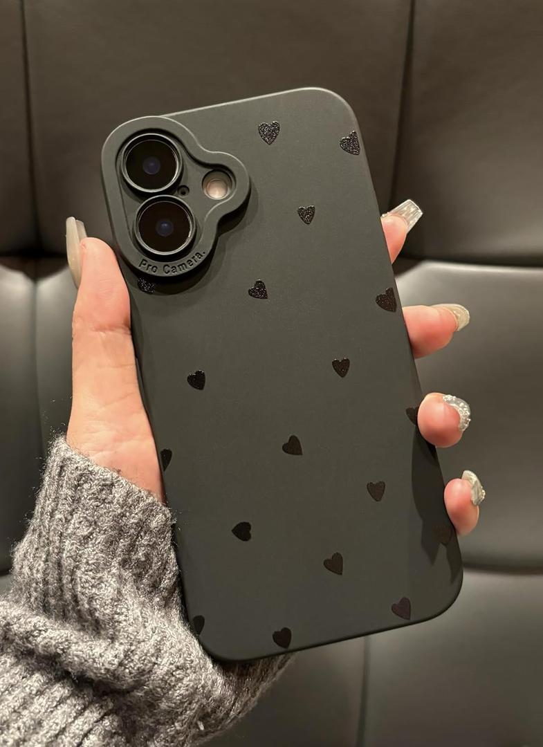 iPhone 16 Plus Case 6.7 Inch 2024, Aesthetic Love Hearts Print Phone Case for Women Girls Men, Slim Silicone Protective Phone Cover for iPhone 16 Plus, Black Love Hearts