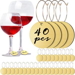 Tondiamo 40 Pcs DIY Wine Charms for Glasses Acrylic Wine Charms with Rings Tags Marker Pen Blank Glass Labels Bulk for Stem Glasses Cocktail Champagne Wedding Party Favor(Round)