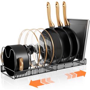 Pots and Pans Organizer Rack for Under Cabinet Expandable Pot Lid holders inside Organizer 10 Adjustable Divider Pan organizer 11.81''-22.85'' Pan lid organizer for cabinet Organizer for Bakeware (black)