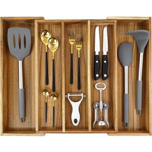 Luxury Acacia Silverware Organizer -Kitchen Drawer Organizer - Utensil Holder and Cutlery Organizer with Grooved Drawer Dividers for Flatware and Kitchen Utensils (5 Slot)