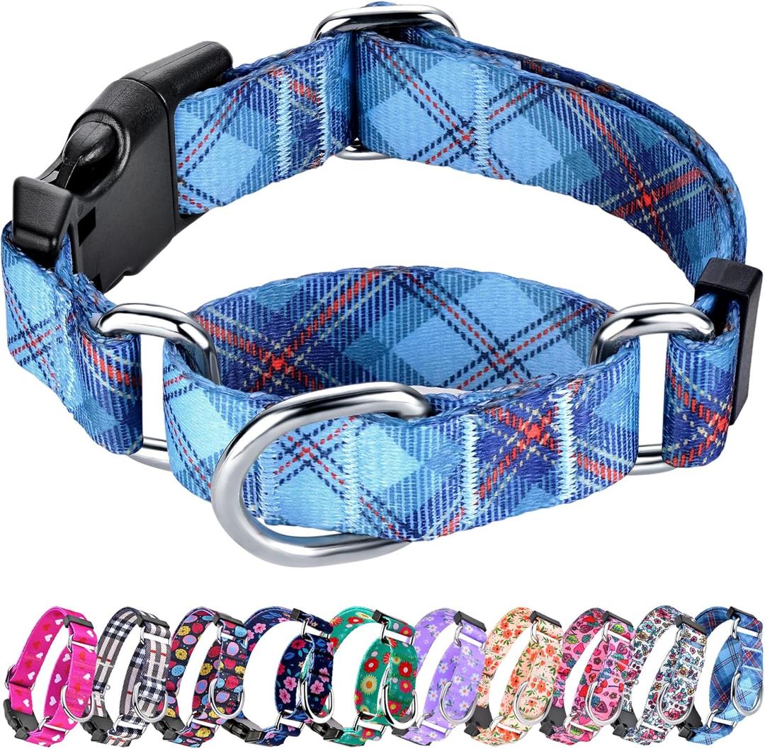 Hikiko Dog Collar for Small Medium Large Dogs, Adjustable Nylon Martingale Collars with Quick Release Buckle (Blue Plaid,L)