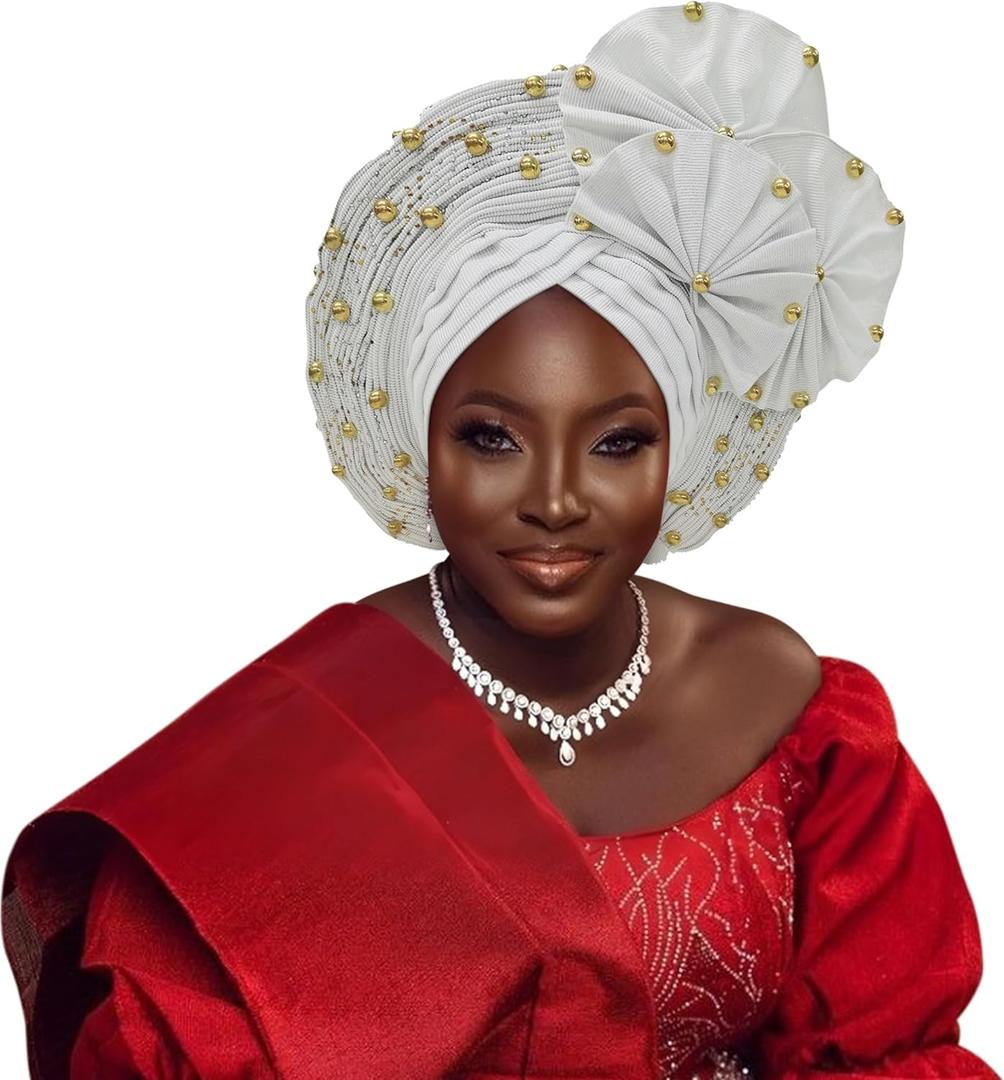 African Headpiece of Nigeria ASO Oke Headwraps Hat Turban Wedding Party Handmade Elegant Hair Wear Cap for Women (One Size-Large, White)