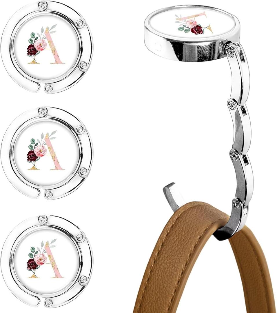 XSUIOY 3Pcs Personalized Initial Foldable Purse Hook for Table,Crushed Flower Letters Folding Purse Hanger,Purse Holder Handbag Hanger Collection Desk Table Bag Hooks Gifts for Women Bag(Pink-A)