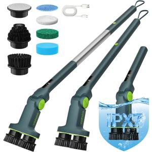 Electric Cleaning Brush, Dual Head Power Brush Scrubber with Infrared Control, 8-in-1 Cordless Power Scrubber for Bathroom & Shower, Electric Scrubber with Adjustable Handle for Bathtub, Tile, Floor