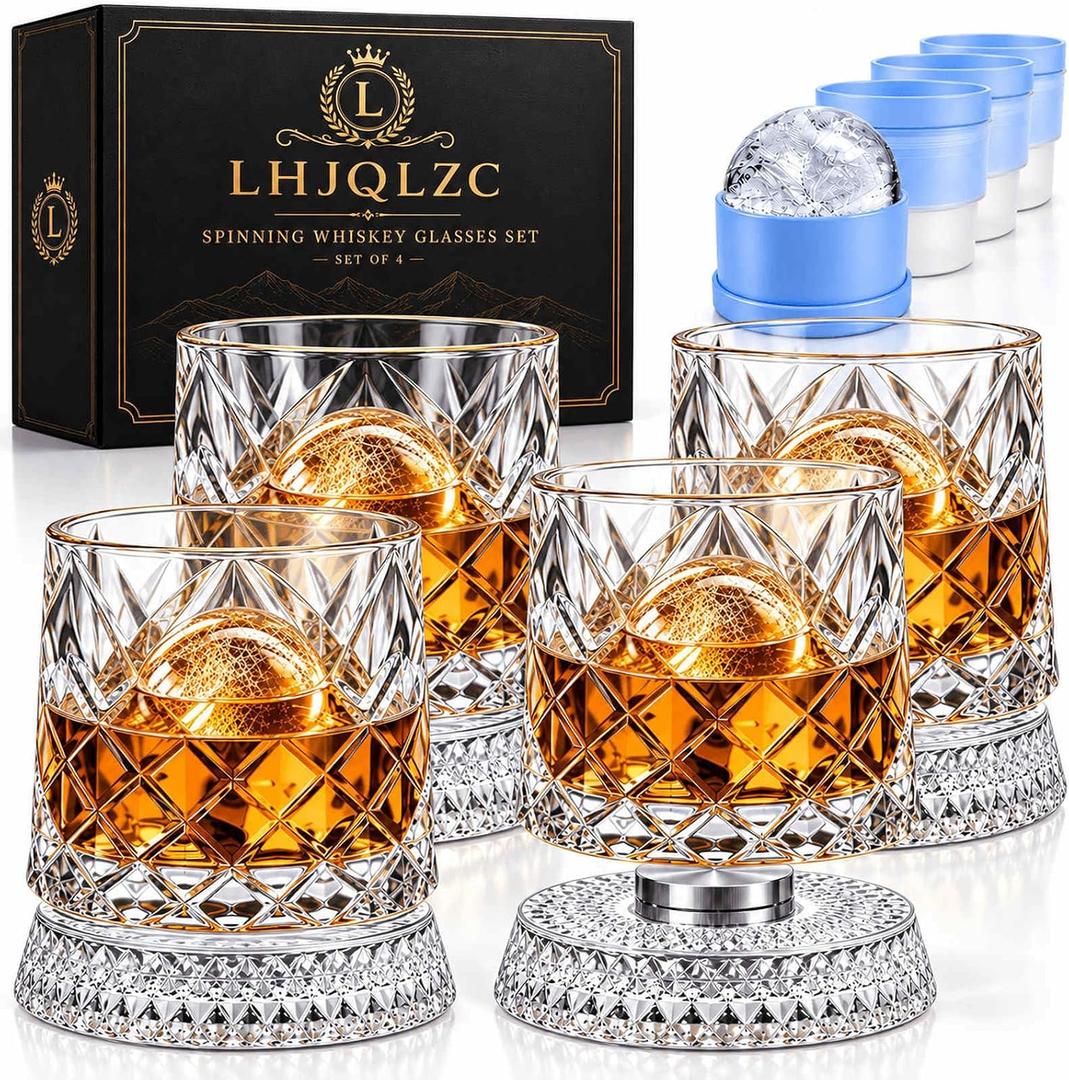 Spinning Whiskey Glasses Set of 4 with Gift Box | 360 Degree Rotating Old Fashioned Glass with Ice Ball Molds,For Bourbon, Scotch, Cocktails For Whiskey Lovers, Dad, Husband