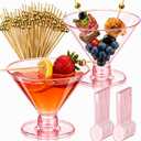 Sawysine 50 Set 5 oz Disposable Plastic Martini Glasses and Cocktail Picks Spoons Clear Mini Cocktail Glasses for Family Dinner, Tavern, Party, Weddings, Wine, Ice Cream and Other Food(Pink)