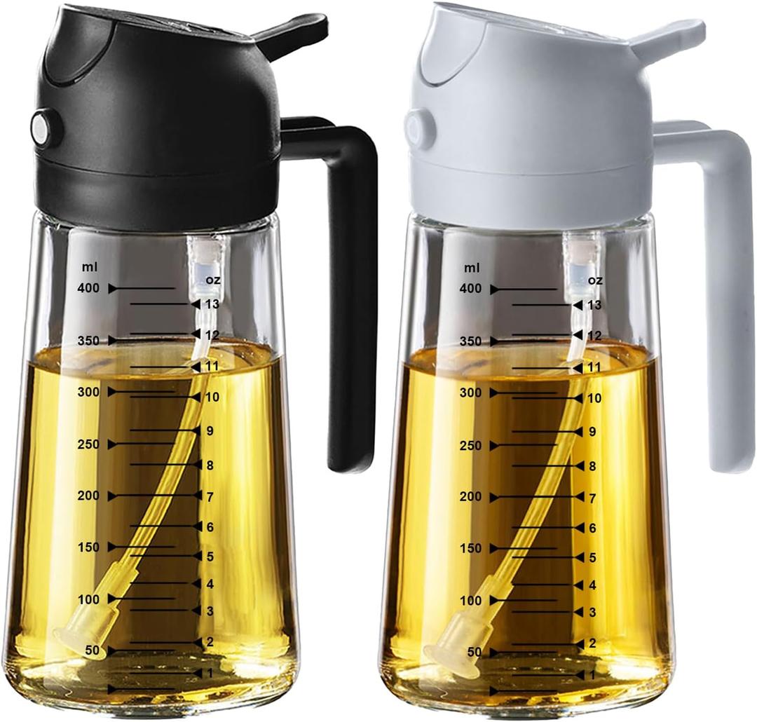 TrendPlain 16oz/470ml Glass Olive Oil Sprayer for Cooking  2 in 1 Olive Oil Dispenser Bottle for Kitchen Gadgets and Air Fryer Accessories, Salad, BBQ - Black & Ash