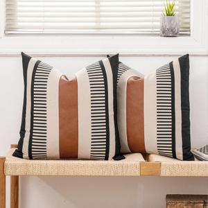 Farmhouse Stripe Pillow Cover 20x20 Boho Accent Cushion Case Faux Leather Decorative Pillowcase,Black and Beige (Cover ONLY, Pack of 2)