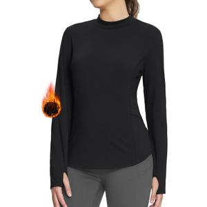 baleaf Women's Thermal Shirts Fleece Lined Tops Long Sleeve Mock Neck Cold Weather Running Workout Gear Pocket Thumbhole (Black, S)