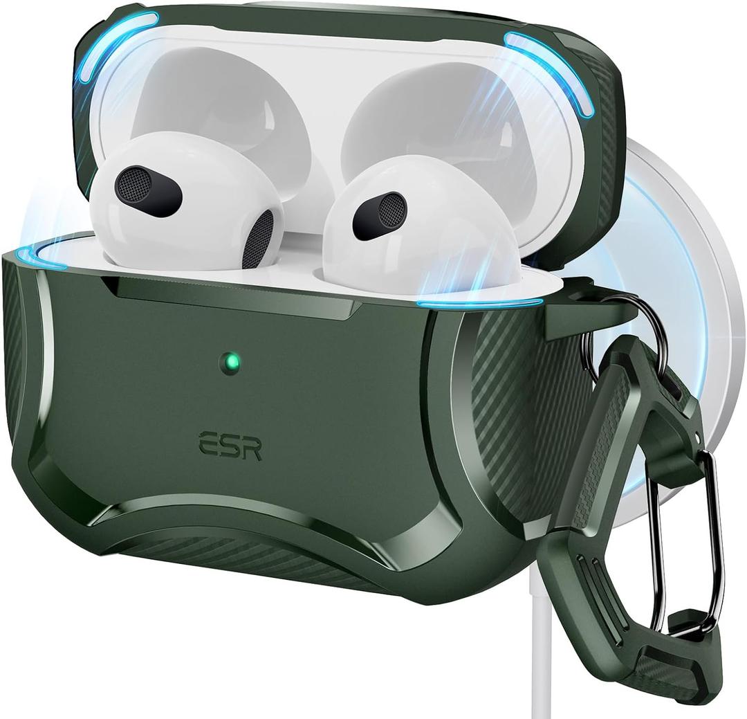 ESR for AirPods 3rd Generation Case, Compatible with AirPods 3rd Gen (2021), Compatible with MagSafe, Powerful Drop Protection, Magnetic Lid, Cyber Series, Green