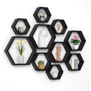 WONFUlity Hexagon Floating Shelves Honeycomb Wall Mounted Wood Farmhouse Storage for Bathroom, Kitchen, Bedroom, Living Room - Driftwood Finish Wall Decor, Black (10PC)