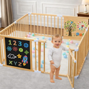 Foldable Wooden Playpen for Babies and Toddlers, 63x63x24 Inch
Natural New Zealand Pine Wood, Black and White Chalkboard, Includes Accessories