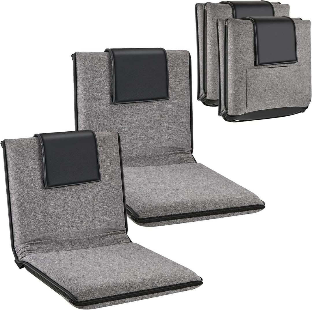 2 Pcs Adjustable Floor Chair with Back Support, Padded Seat, Portable, Meditation Cushion, Fully Folding Backrest for Adult, Kid, Gaming - Linen Washable Cover, Nylon Bottom (Gray, Black)
