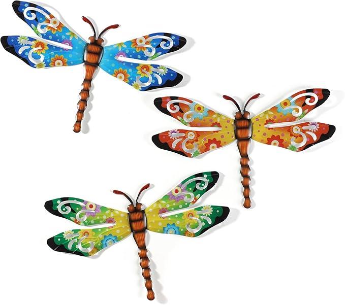 Scwhousi Metal Dragonfly Outdoor Wall Decor,Patio Fenxce Wall Art,Hanging Decorations for Living Room,Bedroom,3 Pack