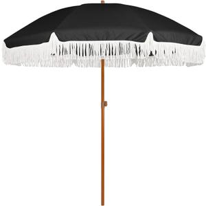 AMMSUN 7ft Patio Umbrella with Fringe Outdoor Tassel Umbrella UPF50+ Premium Steel Pole and Steel Ribs Push Button Tilt, Black (Noble Black)