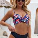 SEAFORM Women's Halter Bikini Tops Push Up Floral Print Swimsuits Top Bow Tie Back Beach Bathing Suits Tops with Padded (Blue)