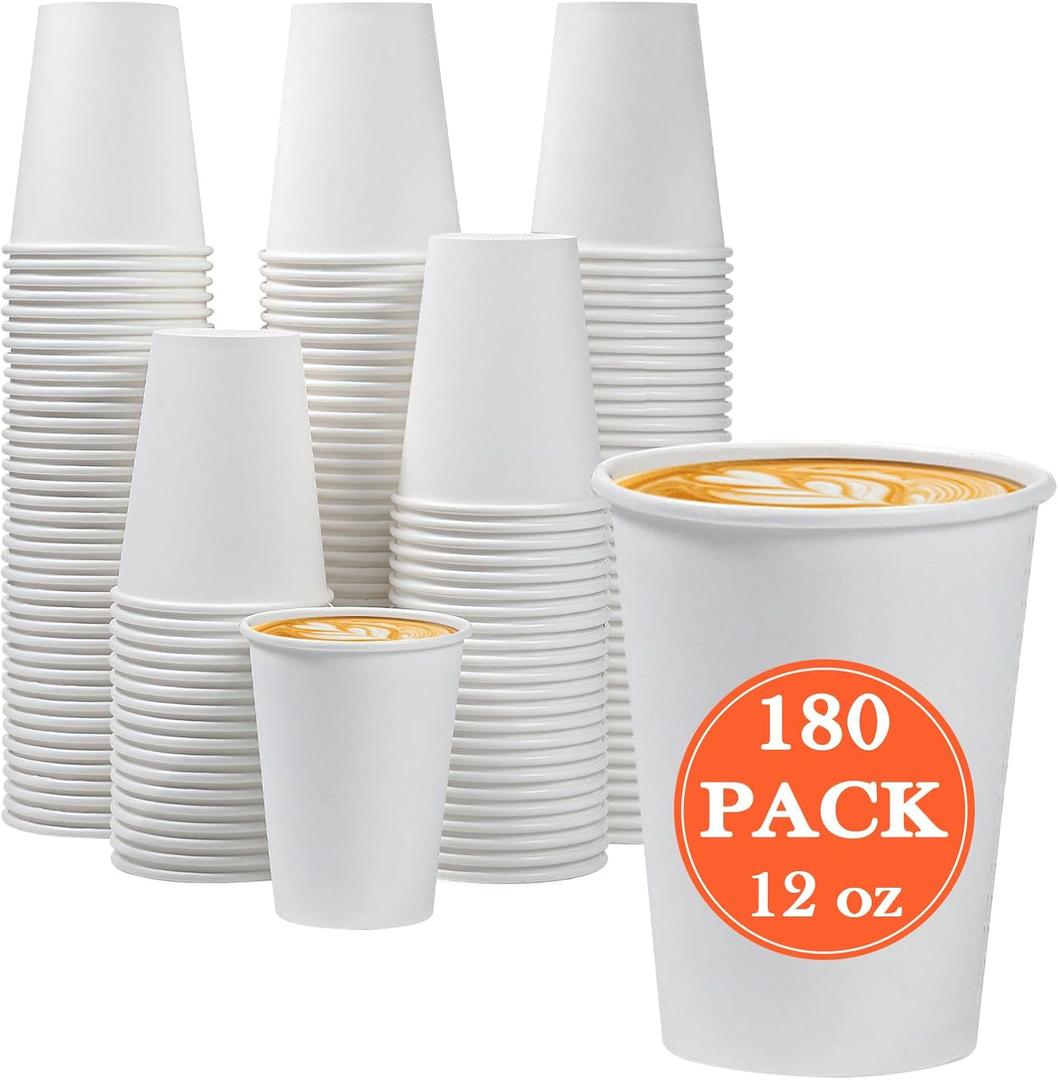 Lamosi 180 Count 12 oz Paper Coffee Cups, Disposable Paper Coffee Cups for Hot or Cold Drinks, 12 Ounce White Beverages Water Cups for Party, Picnic, Travel, Events