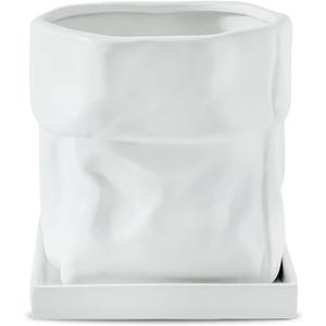 Nihow Ceramic Plant Pot: 6 Inch Planter with Drainage Hole & Square Saucer for Herbs/Plants, Bag Shape Design Flower Pot for Indoor & Outdoor Garden Decor - White