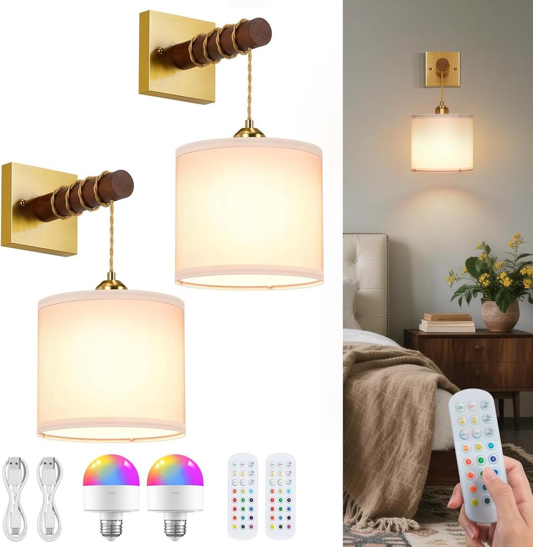NookNova Battery Operated Wall Sconces Set of 2, 8000mAh Rechargeable Sconce RGB 15Colors Dimmable Wall Sconce Wireless Battery Powered Sconces Decor Wall Lights for Living Room Bedroom Gold