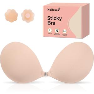 Strapless Sticky Bra Push Up for Women, Adhesive Silicone No Show Bra for Backless Dress, Invisible Reusable V Shape, C