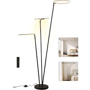 Floor Lamps for Living Room, 3-Head Ring LED Floor Lamp, Tri-Color Stepless Dimming with Remote Control Switch and Inline Footswitch, Modern Minimalist Style for Living Room Bedroom (Black)