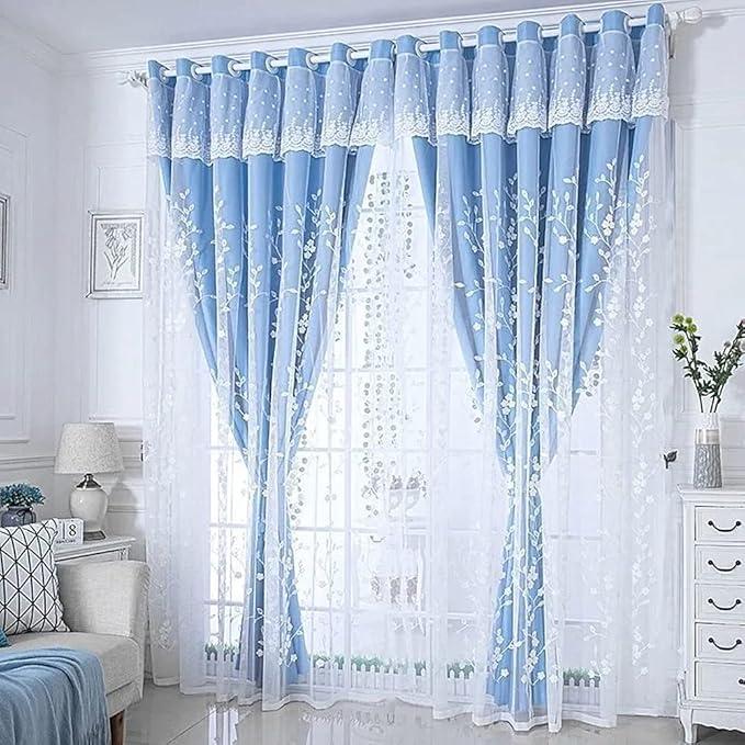 Amidoudou 1 Pair Double Layer Flower Curtains for Girls Room Living Room Pastoral Flowers and Leaf Embroidered Curtains for Bedroom (Beige,54x96 Inch) (54"W x 96"L (Pack of 2))