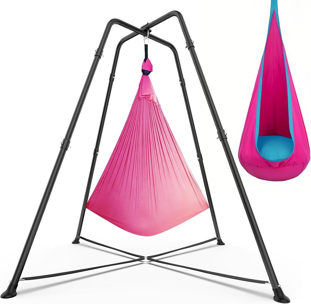 Swing Stand with Sensory Swing, Swing Frame with Pod Swing, X-Shaped Swing Set, Metal Swing Chiar with Stand for Adults Indoor and Outdoor 330LBS (Pink Gradient)