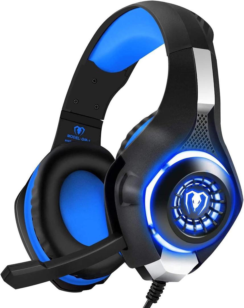 BlueFire Wired Gaming Headset for PS4 PS5 Xbox One PC  Over-Ear Headphones with Surround Sound, Noise Canceling Mic, Soft Memory Foam, LED Light, 3.5mm Jack for Console & Laptop (Blue)