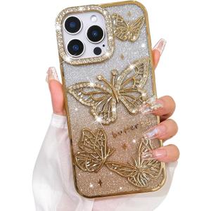 Bonoma Glitter Case for iPhone 15 Pro Max, Cute 3D Butterfly Pattern Plating Bling Case,Camera Protection Sparkly Slim Soft Back Cover for Women Girls,Gold