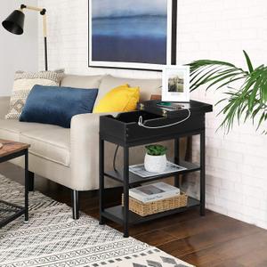 End Table with Charging Station, Narrow Flip Top End Side Table with Storage Shelf and USB Ports & Power Outlets for Small Spaces, Bedside Nightstand Sofa Table for Bedroom, Living Room, Black
