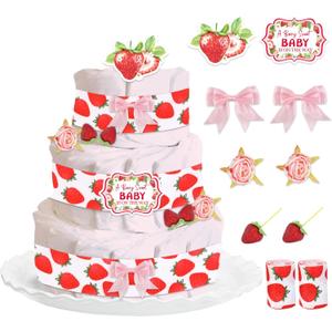 Strawberry Baby Shower Diaper Cake Decorations, Berry Sweet Baby Shower Cards Grosgrain Ribbons Artificial Roses Flowers Strawberry Decor Pink Bows for Fruit Theme Gender Reveal Favors (Red and Pink)