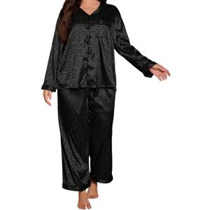 MapleHub Womens Silk Satin Pajamas Set Long Sleeve Sleepwear Button Down Pjs Soft 2 Piece Lounge Set (3X-Large, Black Leopard)