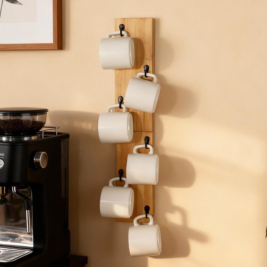 Yohsnor Coffee Mug Holder Wall Mount - Stylish Solid Wood Cup Hanger, Space-Saving Rack with 6 Cup Capacity - Perfect for Kitchen, Office, Coffee Bar & Countertop Display