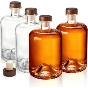 WRINGKIT 4 Pack Glass Liquor Bottles, 25 Oz Clear Wine Bottles with T-Top Cork Stopper, Heavy Base Vodka Whiskey Bottle Dispenser for Beverages, Drinks, Oil, Vinegar, Kombucha Beer