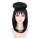 Kids Black Wig with Bangs Child Straight Black Wig with Bun for Girls Cosplay Wig wig for Halloween Synthetic Wigs with Wig Cap