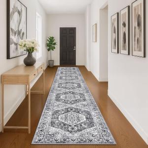 KOZYFLY Runners for Hallways 3x16 Ft Extra Long Washable Kitchen Thin Runner Rug Boho Runner Rug for Entryway Indoor Printed Faux Wool Stair Floor Carpet for Stair Kitchen Hall, Grey