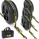 KJE Reflective Car Tie Down Straps for Trailers 4 Pack- Premium Tire Ratchet Strap with (3) J Hooks (3) Rubber Blocks - 2" x 10' 10,000LBS Break Strength - Wheel Straps for Hauling UTV, SUV, Any Cars, 4Pcs - 2" x 10'