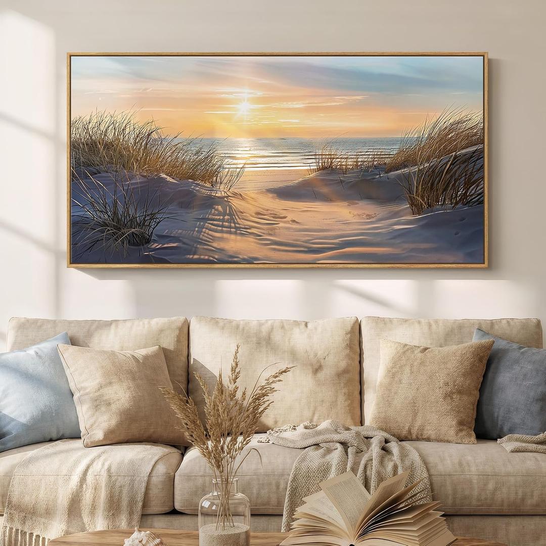 Framed Extra Large Coastal Beach Landscape Wall Art for Living Room, Horizontal Ocean Sunset Canvas Print Artwork for Walls, Nature Scenic Painting Picture Wall Decor Dining Room Bedroom, 60x30 In, 56.7"L x 28.3"W