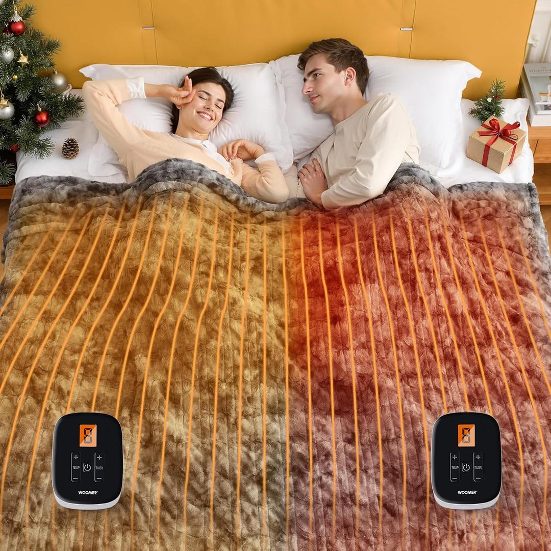WOOMER Heated Blanket King Size 100" x 90", Electric Blanket with Dual Controllers, 0.5-12 Hours Timer & 10 Heating Levels, ETL Certified, Marble Gray Double-Sided Faux Fur, Machine Washable