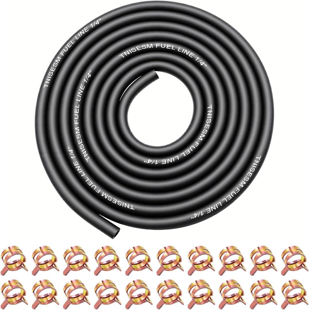 Tnisesm 10ft 1/4 Inch Fuel Line Hose with 20 Clamps, Rubber Fuel Line for Lawn Mower Dirt Bike ATV Generator Small Engines, 1/4" ID Fuel Hose for Briggs & Stratton Kohler Kawasaki