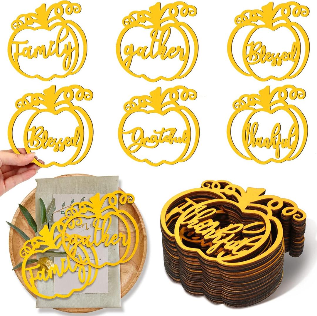Jetec 30 Pieces Thanksgiving Plate Decor Gold Pumpkin Wood Cutouts Thankful Blessed Grateful Inspirational Letter Cutouts Place Cards Settings for Party Tablescape Plate Decor
